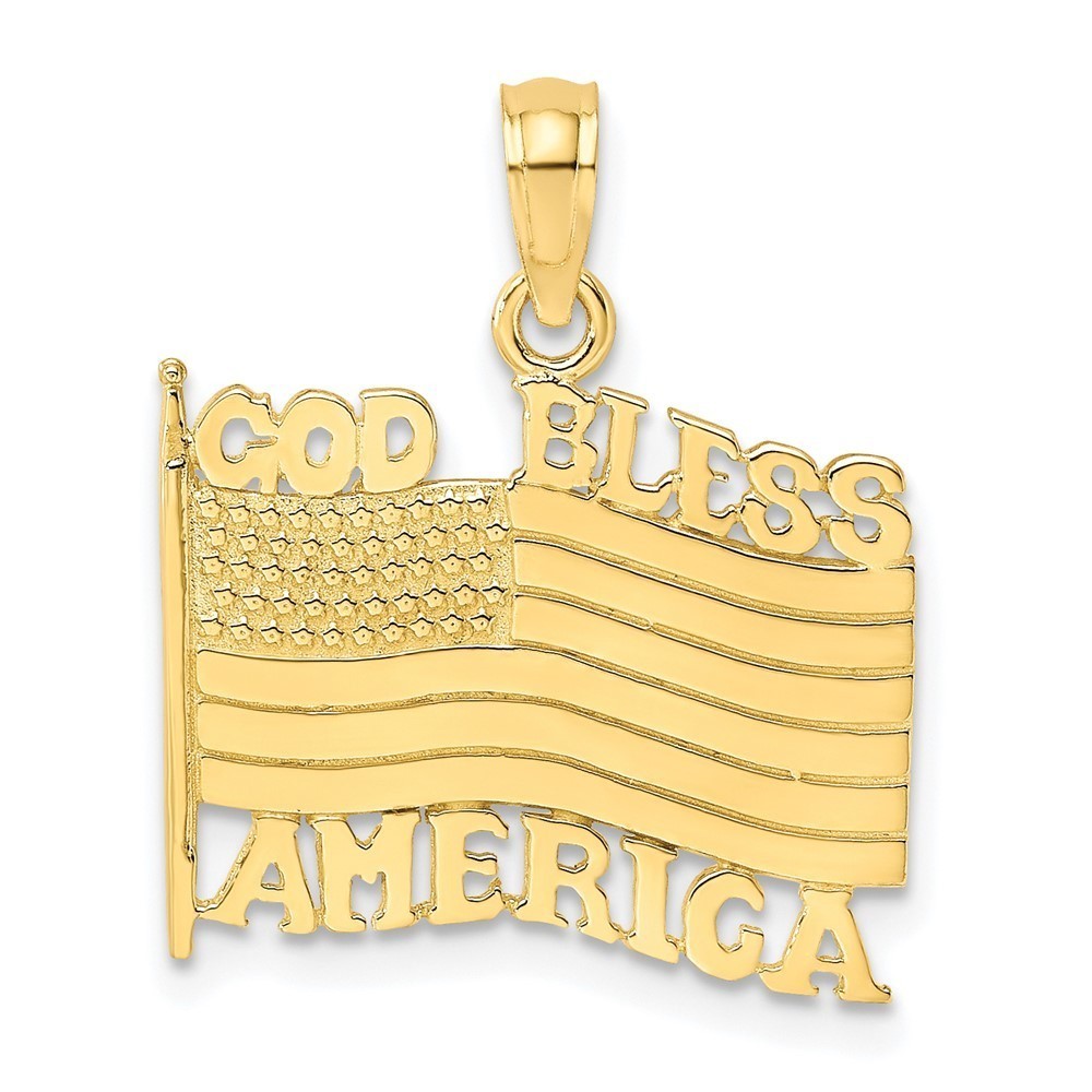 10k Yellow Gold Small Travel Polished Textured God Bless America w/ Flag Charm